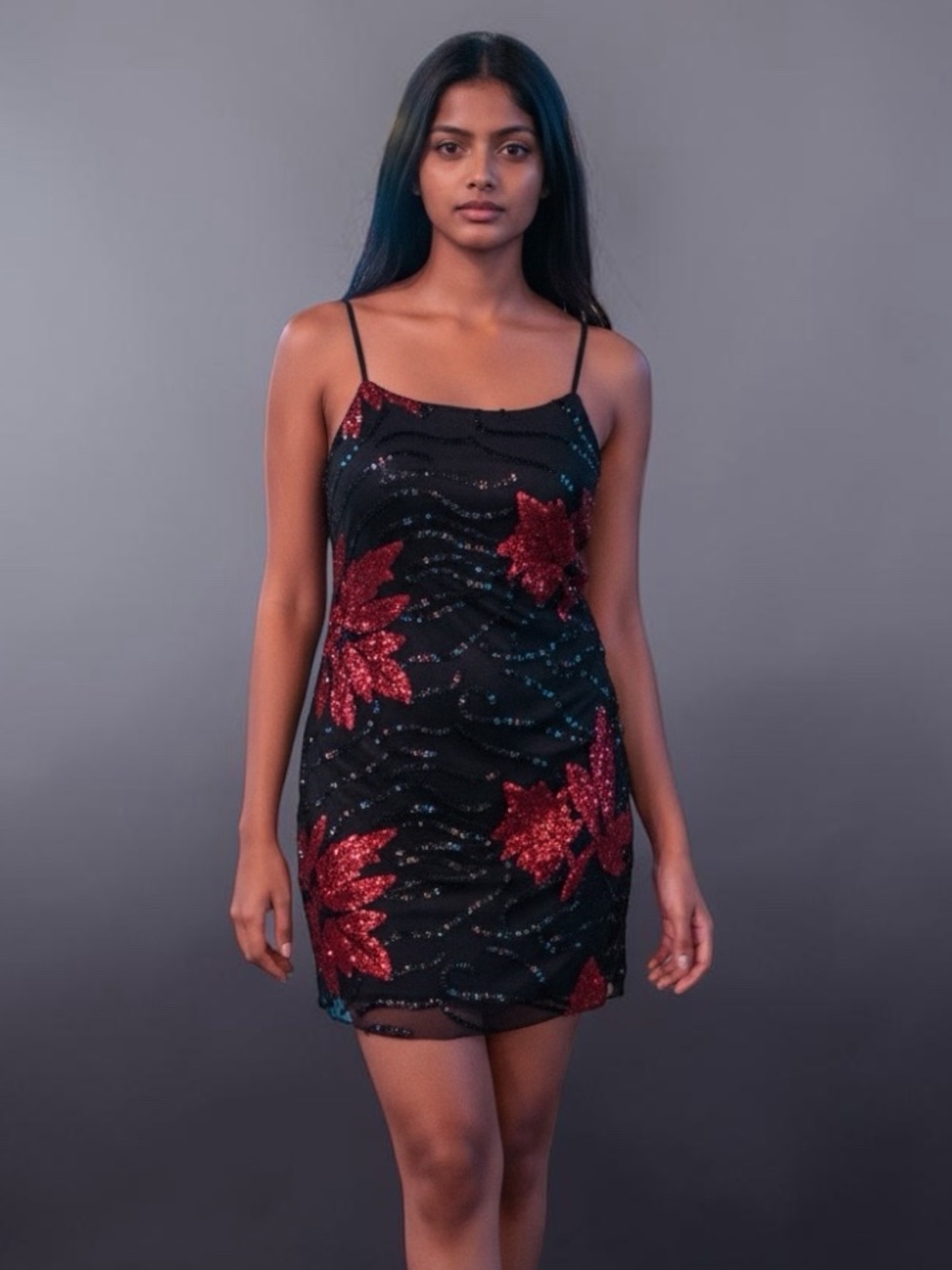Blue Blush Black & Red Sequin Floral Bodycon Mini Dress XS Y2K Party Club